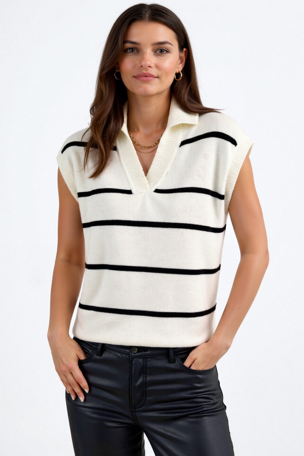 Casual Stripes Lapel Neck Pullover Polo Vest