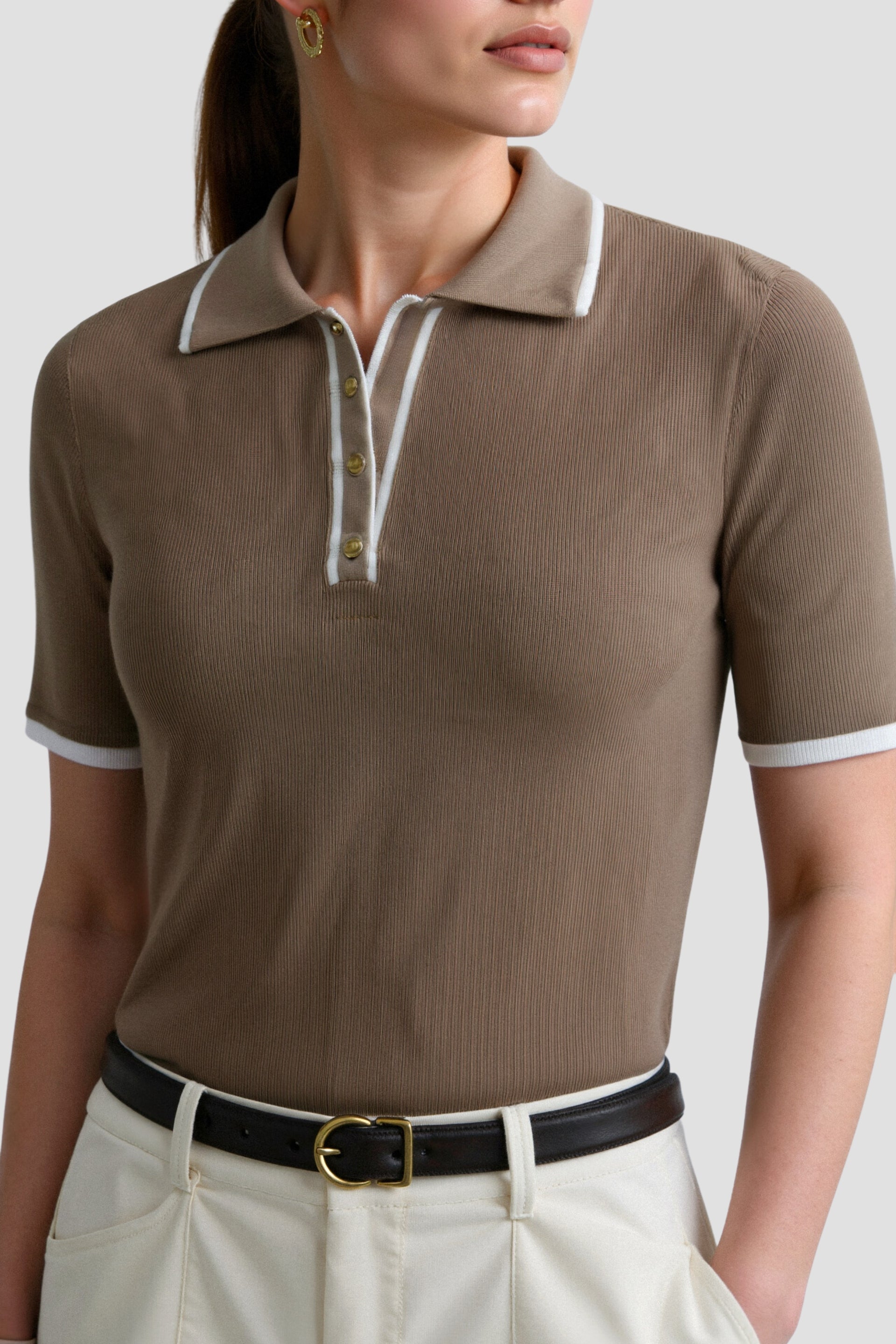 Contrast Elegant Trim Collared Slim Button Up Polo T-Shirt