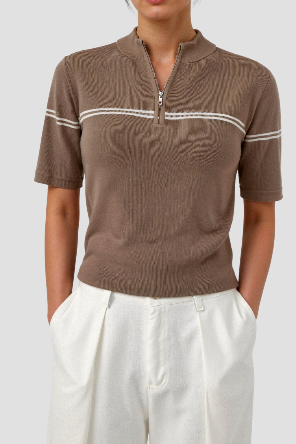 Zip Up Elegant Short Sleeve Striped T-shirt