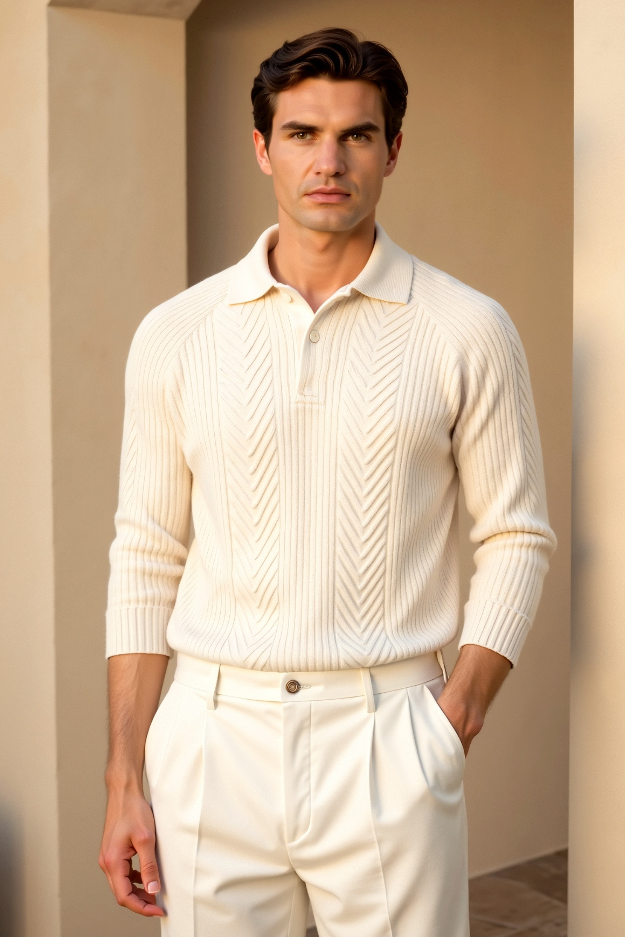 Men's Retro Solid Color Textured Knit Long Sleeve Golf Sweater