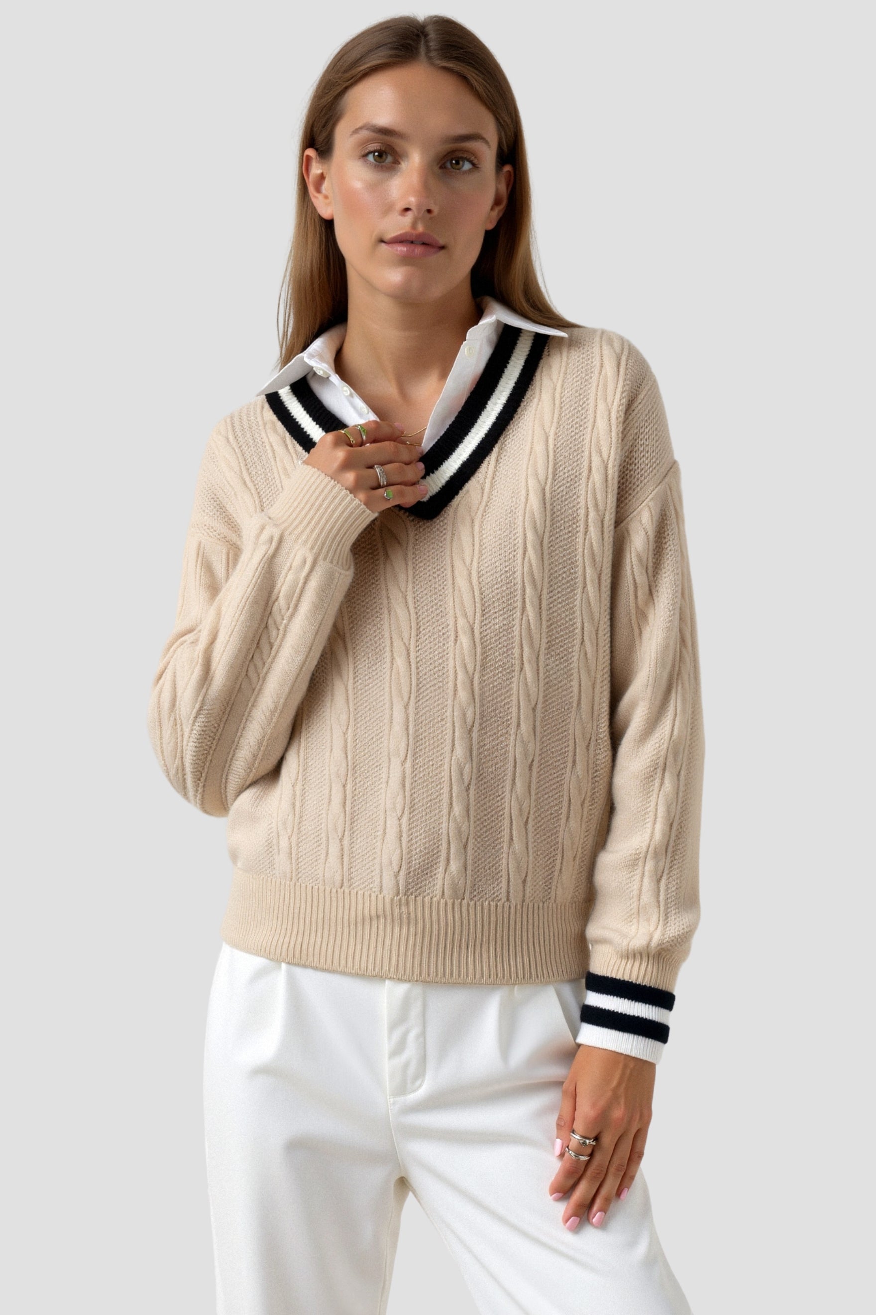 Contrast Trim V Neck Elegant Cable Knit Long Sleeve Sweater