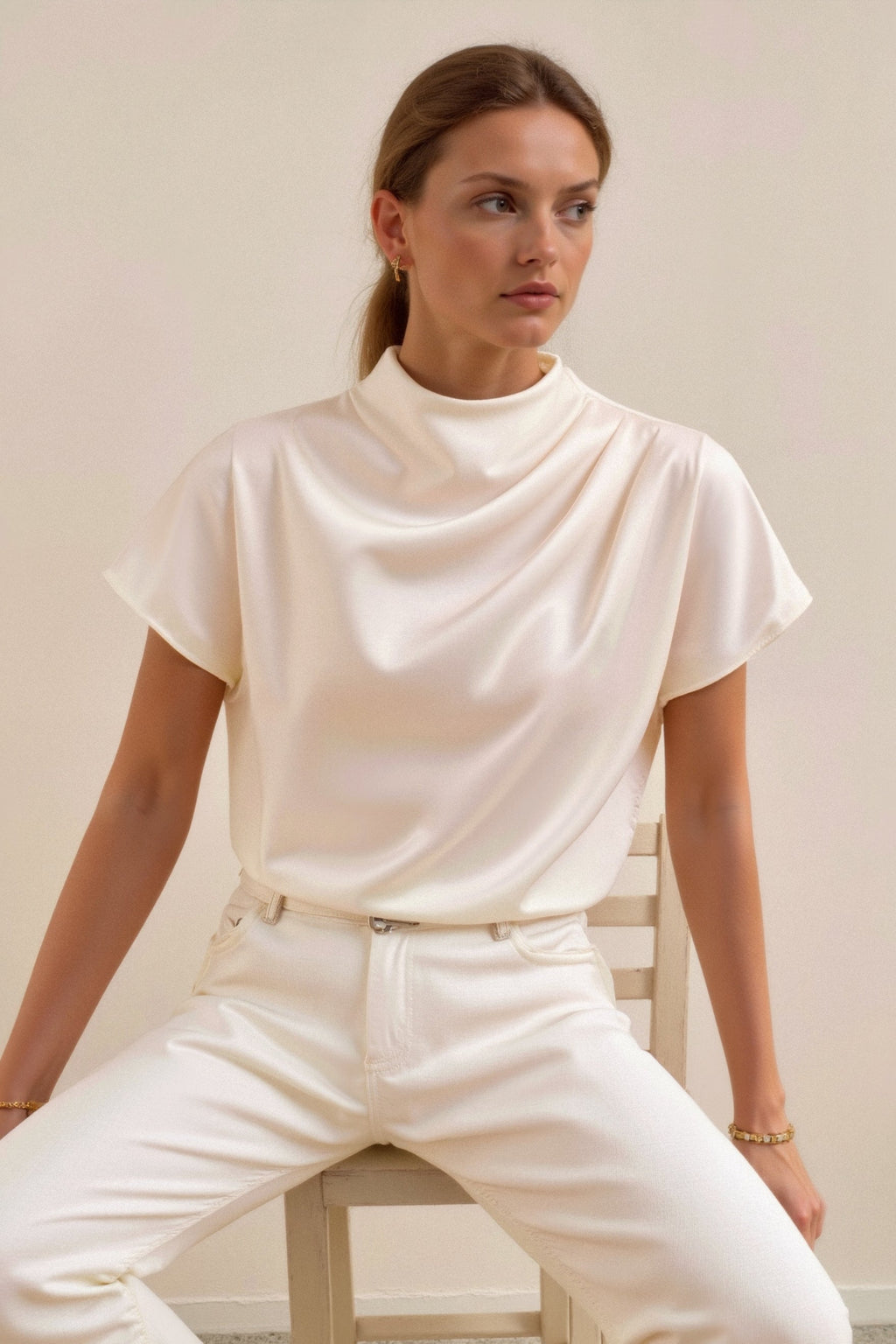 Plain Premium Solid Pleated Mock Neck Blouse