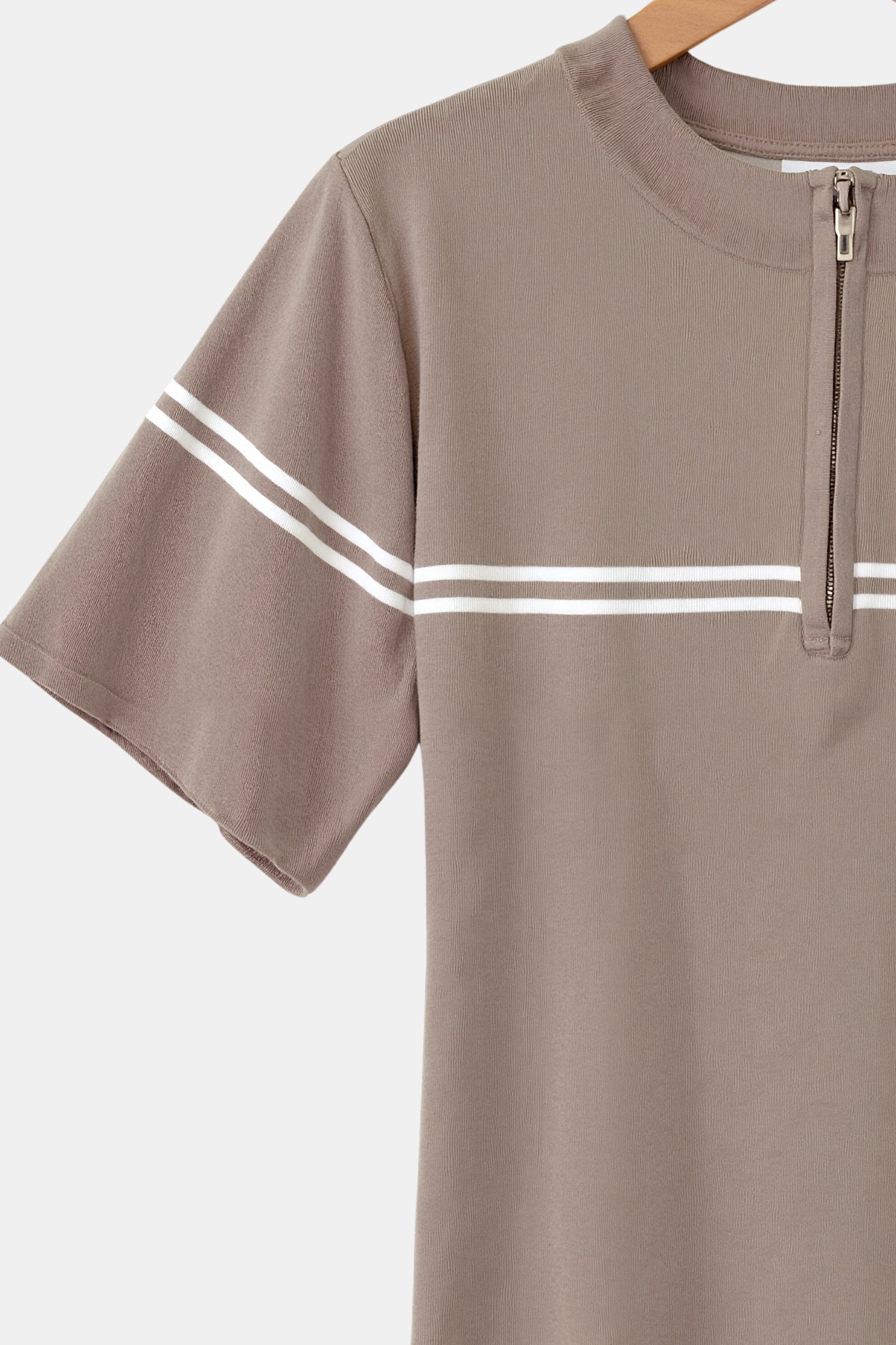 Zip Up Elegant Short Sleeve Striped T-shirt