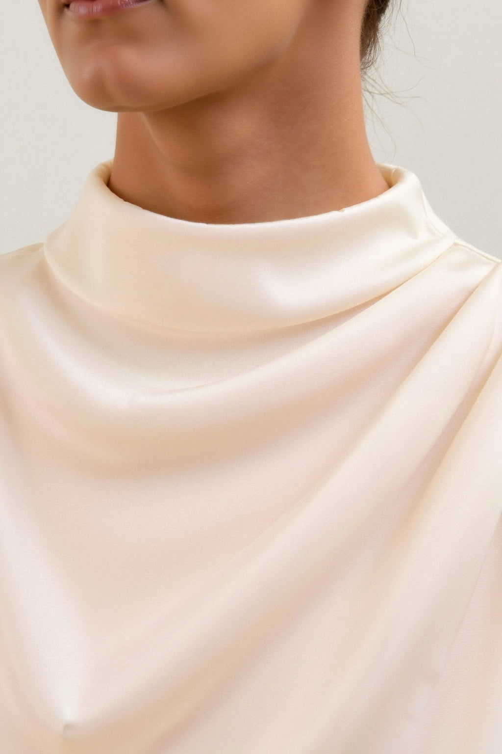 Plain Premium Solid Pleated Mock Neck Blouse