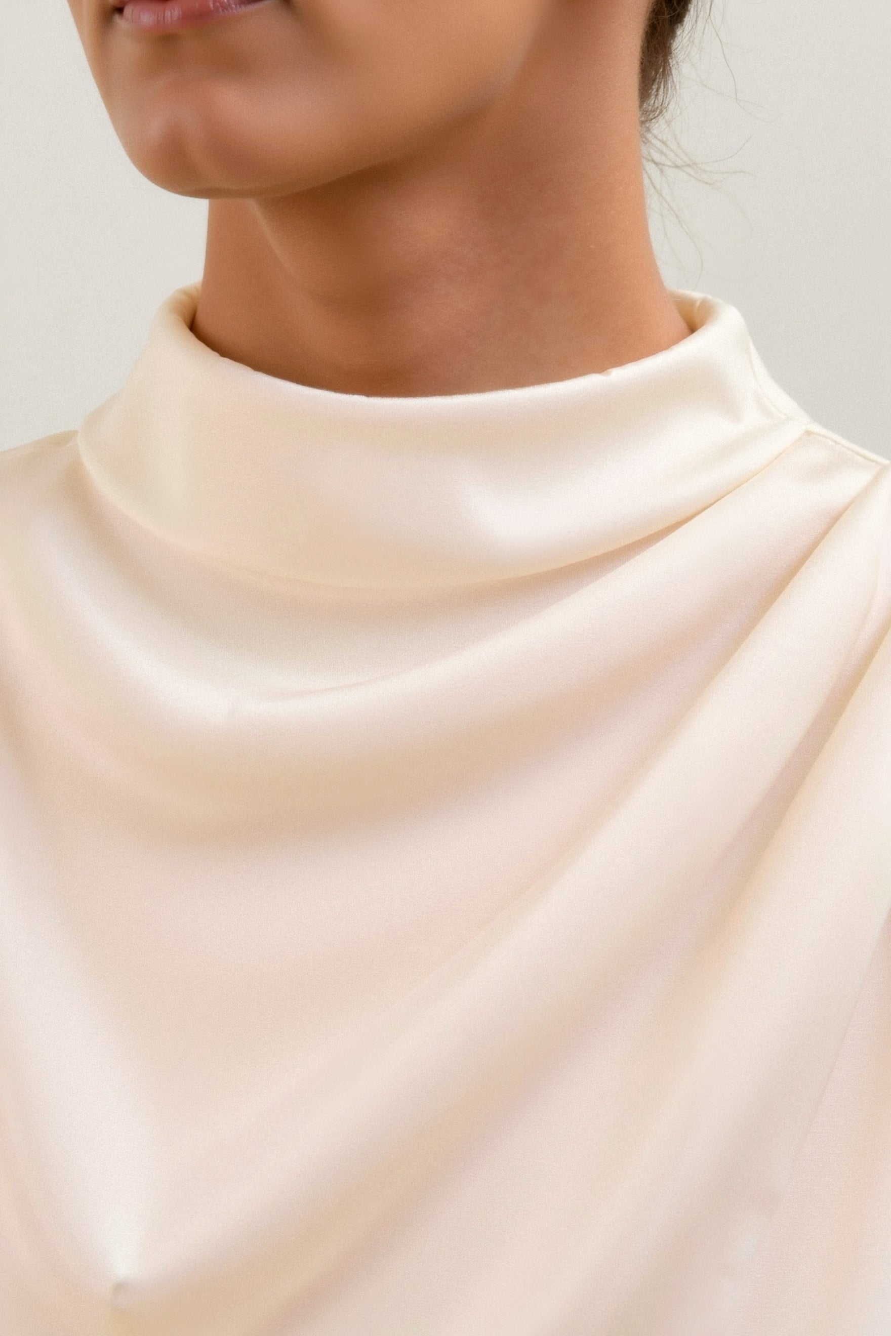 Plain Premium Solid Pleated Mock Neck Blouse