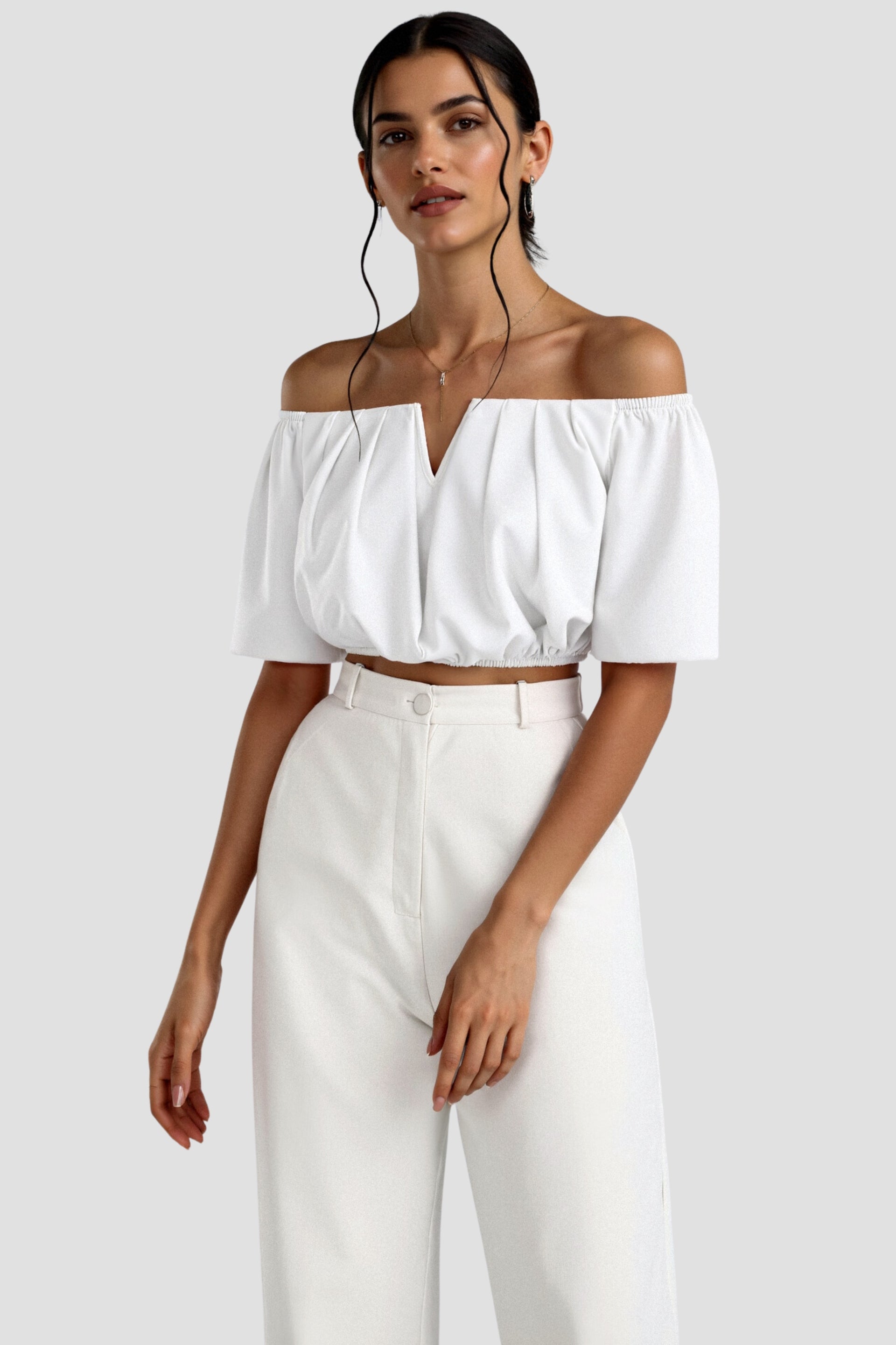 Elegant Loose Solid Pleated Notch Neck T-shirt