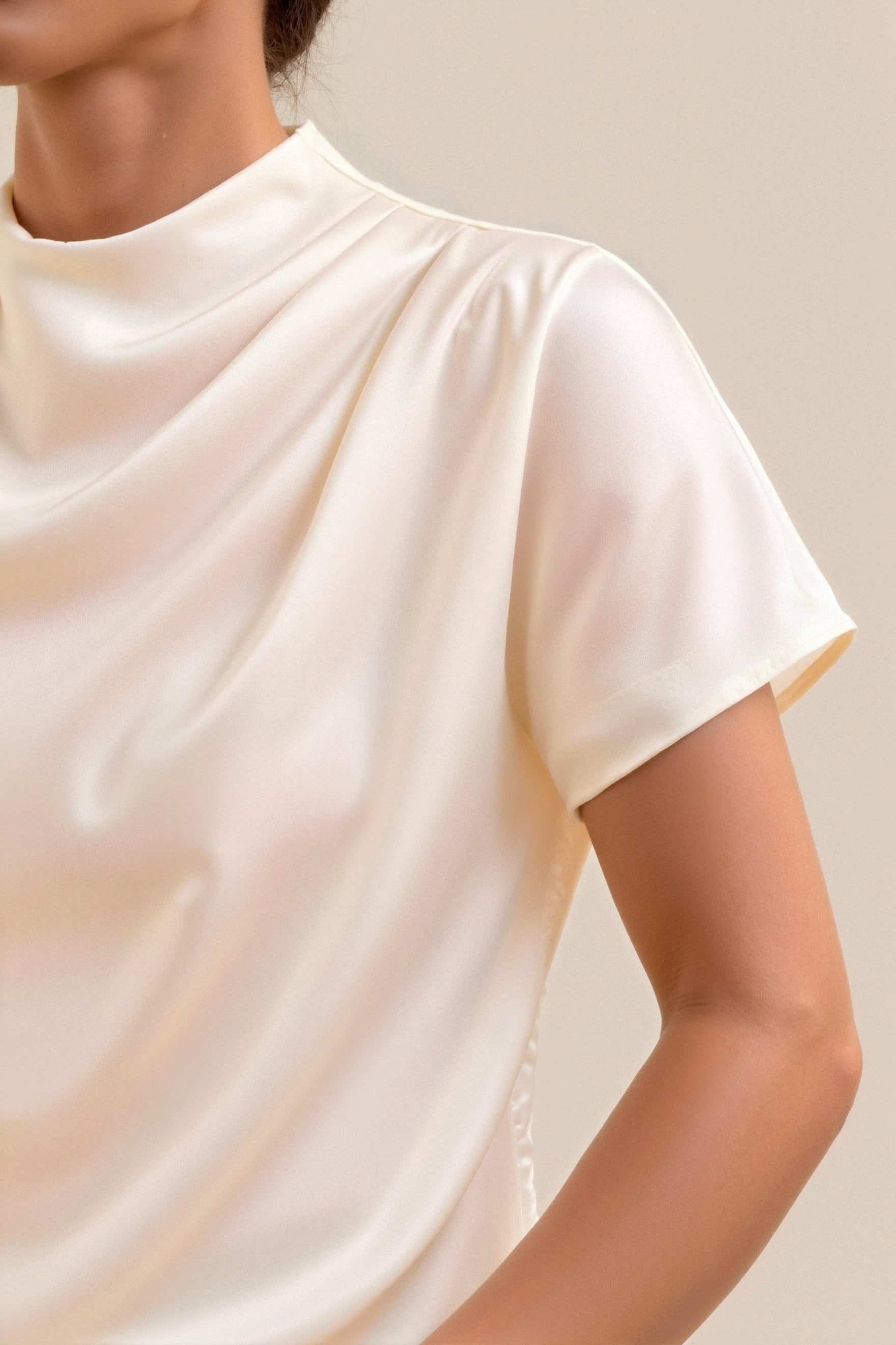 Plain Premium Solid Pleated Mock Neck Blouse