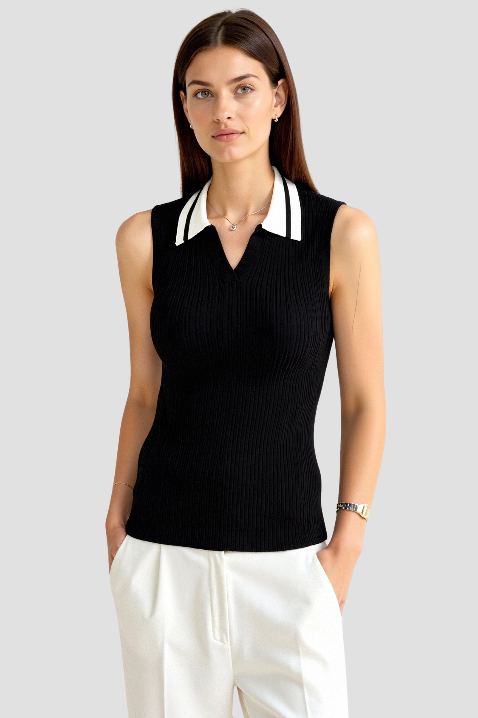 Sleeveless Knitted Color Block Collared Sweater Vest