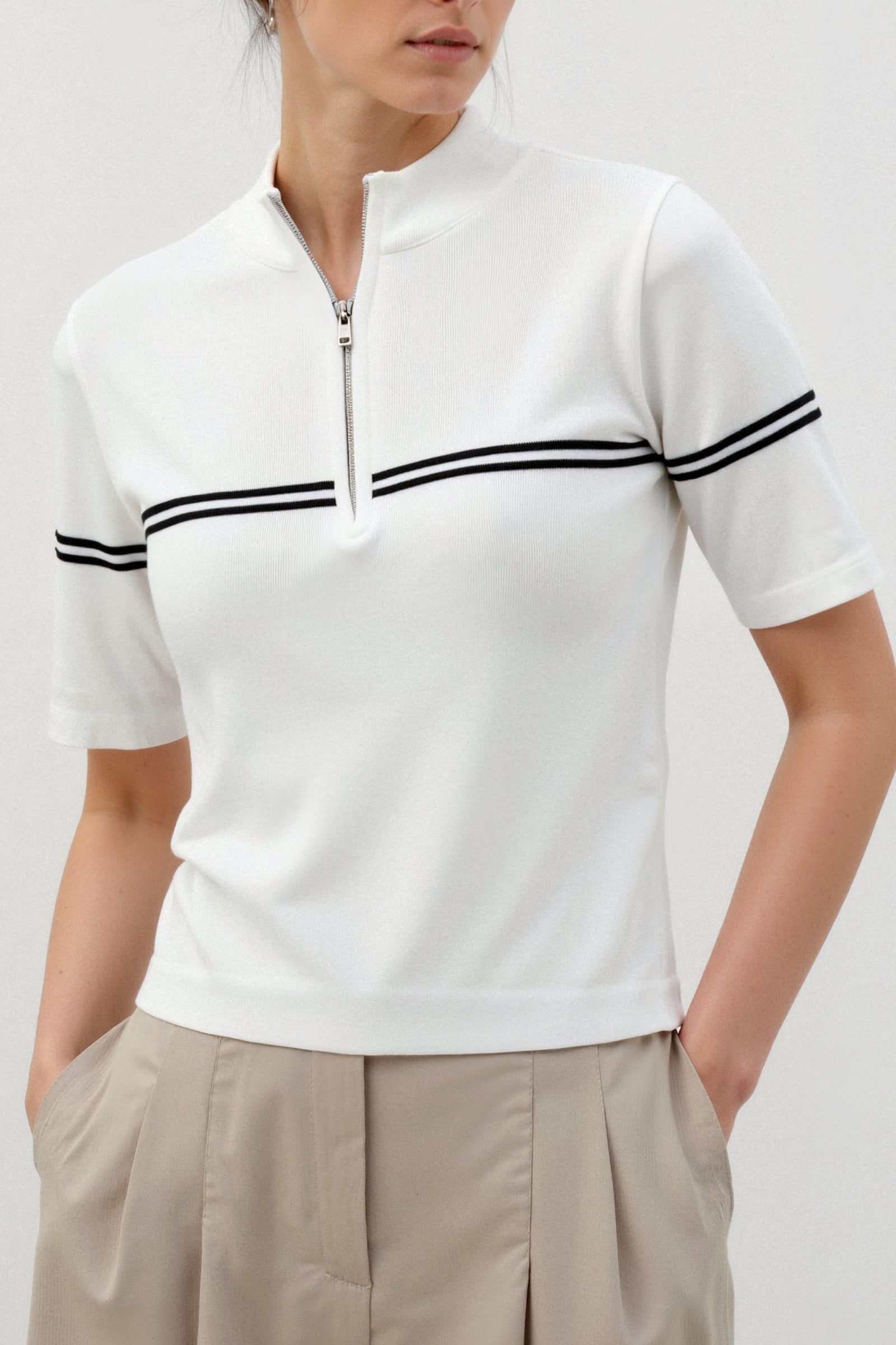 Zip Up Elegant Short Sleeve Striped T-shirt