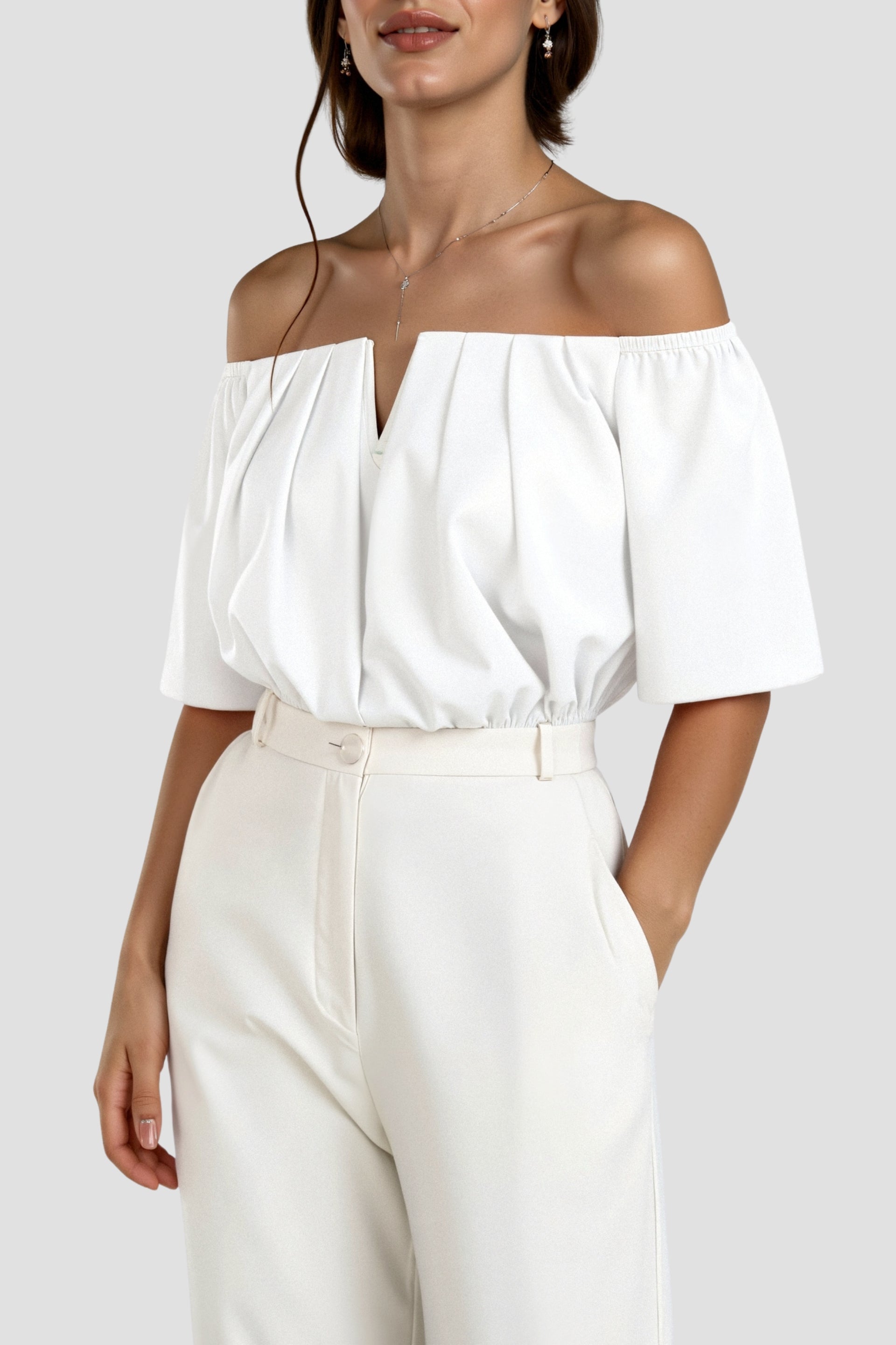Elegant Loose Solid Pleated Notch Neck T-shirt