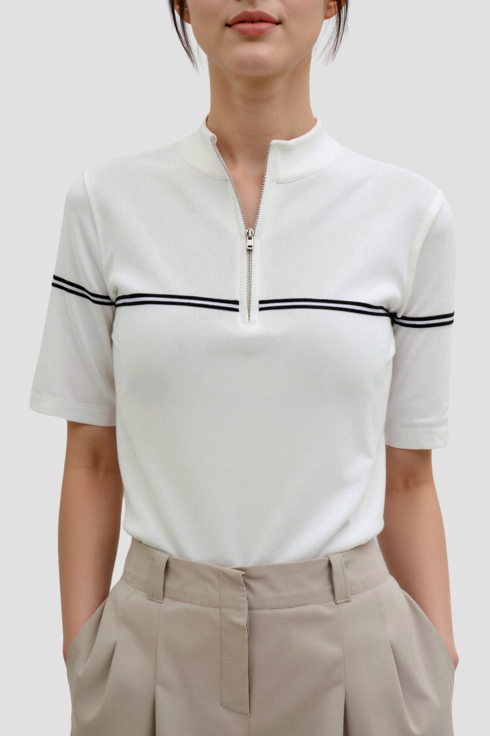 Zip Up Elegant Short Sleeve Striped T-shirt