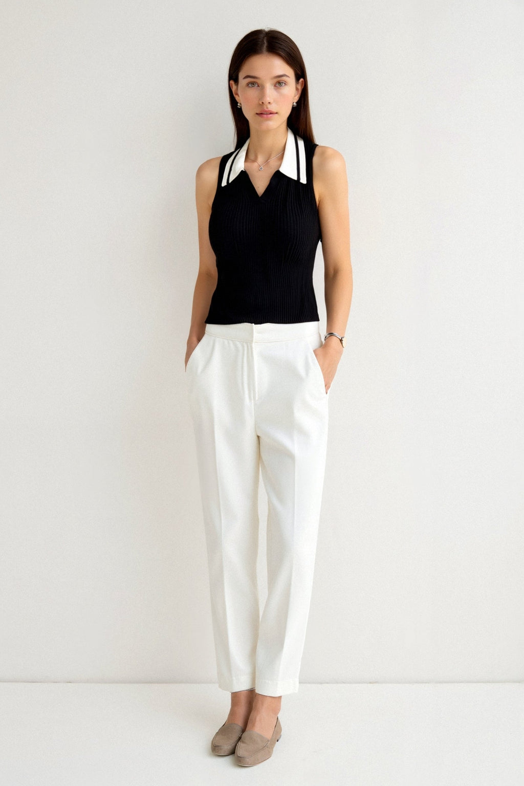 Sleeveless Knitted Color Block Collared Sweater Vest