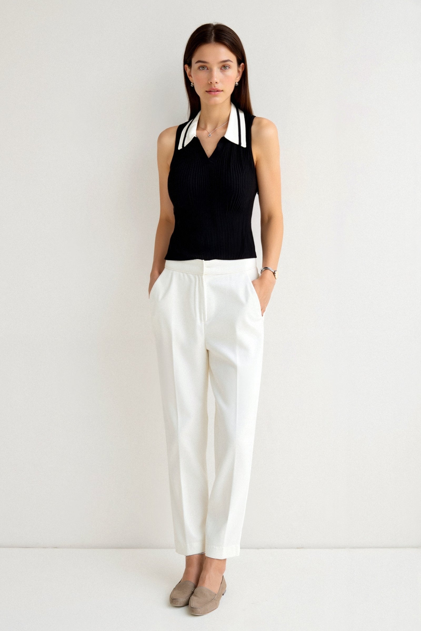 Sleeveless Knitted Color Block Collared Sweater Vest