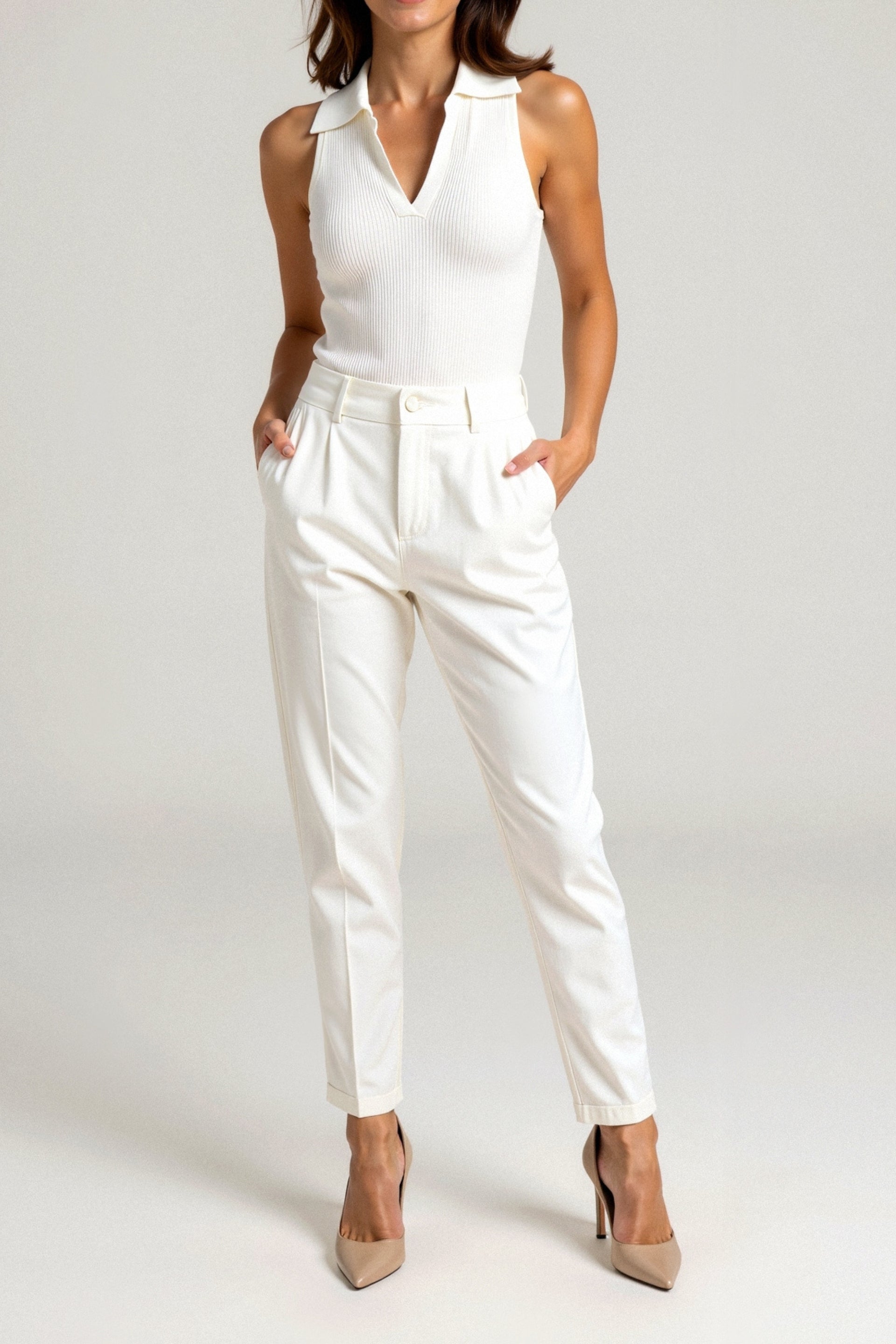 Simple Solid Collared Ribbed Knitted Sleeveless V-neck Top