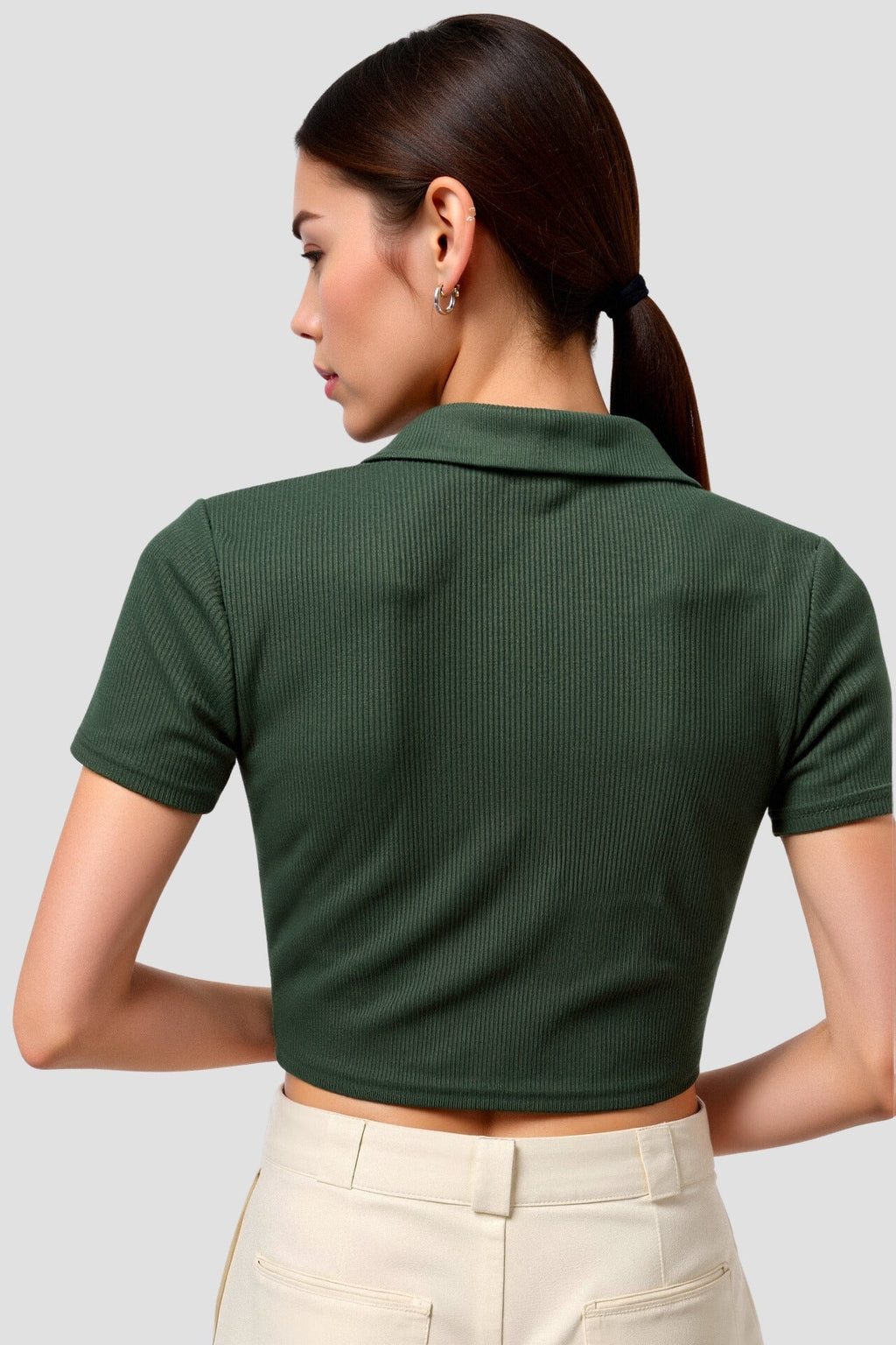 Cropped Solid Collared Short Sleeve Ribbed Polo T-shirt