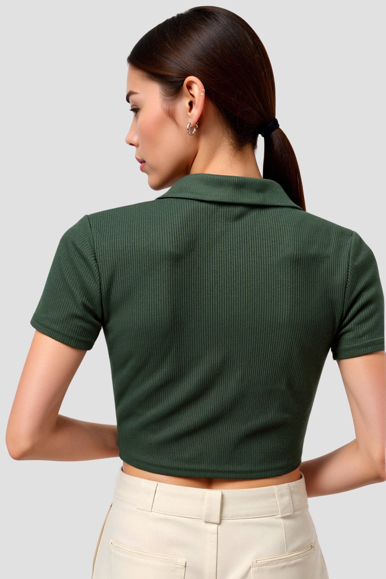 Cropped Solid Collared Short Sleeve Ribbed Polo T-shirt