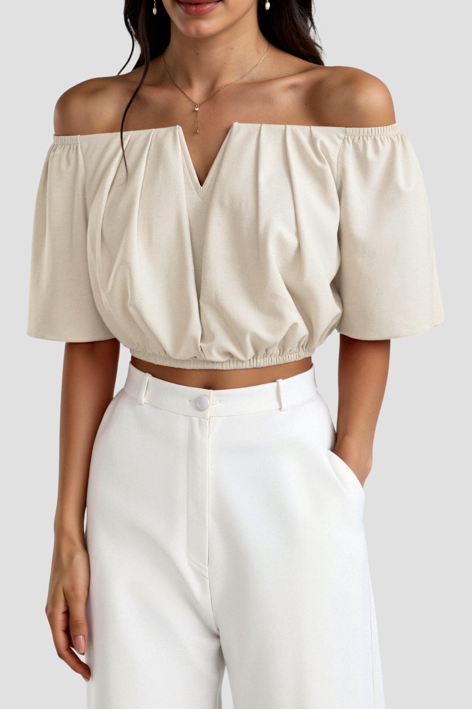 Elegant Loose Solid Pleated Notch Neck T-shirt