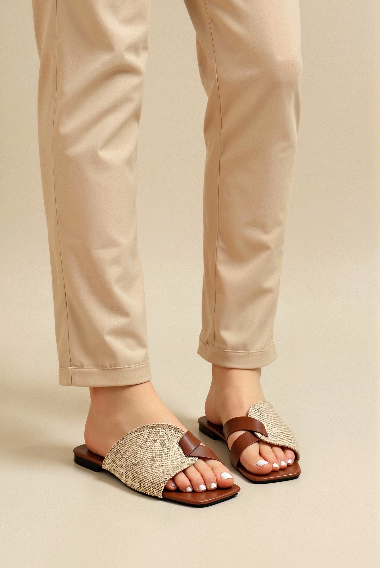 Women's Square Toe Casual Retro Open Toe Flat Slides